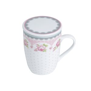 Caneca de Porcelana Super White Com Tampa E Filtro Branca/ Rosa 310ml - Lyor