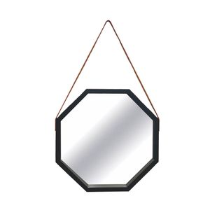 Espelho Oitavado Luxo Com Pendente de Couro Moldura Preta 40x40cm - Art Frame