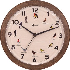Relógio Parede Quartz Redondo Modulo Silencioso com Canto De Pássaros Nacional Cor Madeira 323 - Herweg
