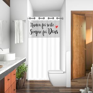 Cortina Plástica de Box Com Visor E Com Ilhós Frase Nunca Foi Sorte Branca 1,38x1,98cm - Vida Pratika