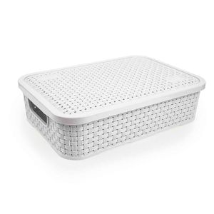 Cesto Baixo Rattan Médio Com Tampa Branco 8,3x22,5x32,3cm - Nitron