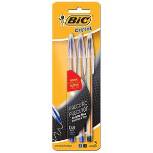 Caneta Esferográfica Ponta Fina Cristal Blister com 3 Unidades 2 Azuis/1 Preto - Bic