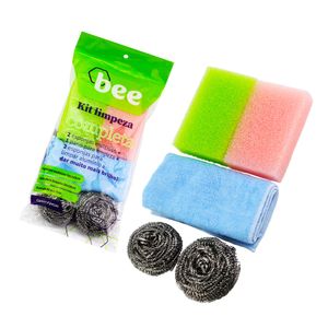 Kit 5 Peças Limpeza Completa (2 Esponjas Multiuso/2 Esponjas Aço/1 Pano) - bee