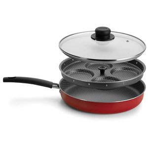 Frigideira 4 Ovos Poché Antiaderente Com Tampa Vidro Vermelha - Multiflon