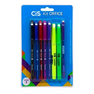 Kit Escolar Office 1 Com 5 Canetas, 2 Marca Textos + Lapiseira 0,7mm - Cis