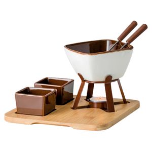 Conjunto Fondue Bilzen Cerâmica Marrom E Branca Com Tábua de Bambu 8 Peças - Hauskraft