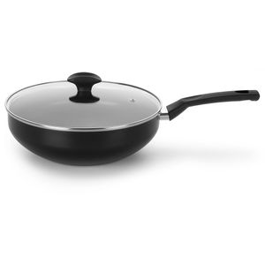 Frigideira Wok Inducão 28cm Alumínio Antiaderente 2,3mm Preta Com Tampa de Vidro - Multiflon