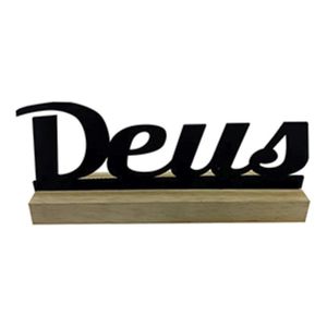 Enfeite Decorativo Mesa Deus Base Base Madeira Pinus Letras Pretas 10x23cm - Nsw
