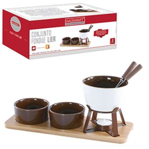 Conjunto Fondue Lier Cerâmica Marrom E Branca Com Tábua de Bambu 8 Peças - Hauskraft