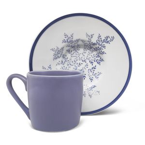 Conjunto Xícaras Café Com Pires  Fern 80ml Porcelana Azul E Branca 6 Peças - Hauskraft