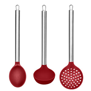Kit 3 Peças Para Servir (colher/ Concha/ Escumadeira) Silicone Cabo Inox Vermelho UD073 - Up Home