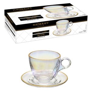 Conjunto Xícaras de Chá Vidro Raibow Com Borda Dourada 8 Peças 170ml - Hauskraft