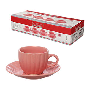Conjunto Xícaras de Chá Com Pires Bella Cerâmica Rosa 4 Peças 150ml JGCH064RS - Hauskraft