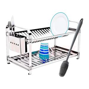 Kit Escorredor 20 Pratos Montado Com Porta Talheres Em Aço Inox e Escova Para Garrafas Plástico