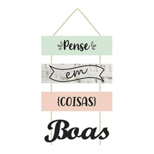 Kit Placas Madeira Com Corda Pense Em Coisas Boas Colorido 4 Peças - Nsw