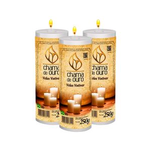 Kit 3 Velas Votiva Premium Branca 250g - Chama de Ouro