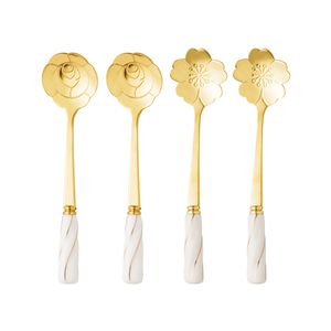 Conjunto Colheres Para Chá Flowers Com Cabo Cerâmica Aço Inox Dourado 4 Peças 28284 - Wolff