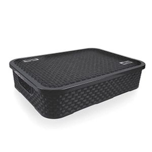 Cesto Eco Rattan Com Tampa Baixo Plástico Grande Preto 8,3x28x38,5 - Nitron