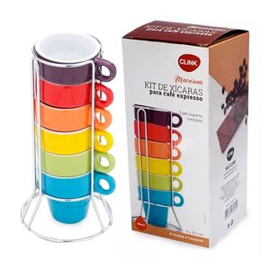 Kit 6 Canecas Café Suporte Cerâmica 50ml Coloridas CK3374 - Clink
