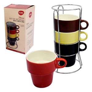 Kit 4 Canecas Chá Suporte Cerâmica 210ml Sortido CK3375 - Clink