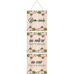 Kit Placas Decorativas Com Corda Bem Vindo Ao Entrar Deus Te Abençoe Mdf 3 Peças JPL2227 - Nsw