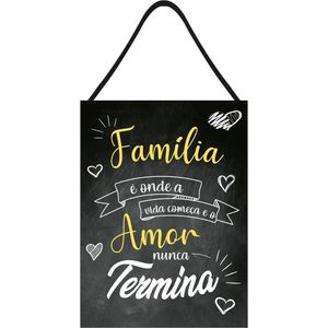 Placa Decorativa Retangular Com Corda Família É Onde A Vida Começa Mdf Preto 19x14cm JPL2139 - Nsw