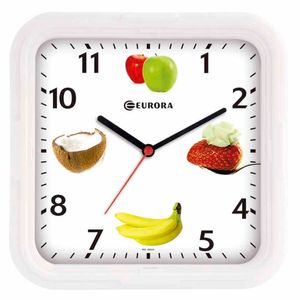 Relógio de Parede Quadrado Quartz Branco Decorado Frutas - Eurora