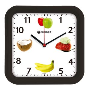 Relógio de Parede Quadrado Quartz Preto Decorado Frutas 145 - Eurora