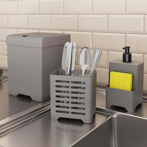 Kit Pia Smile Lixeira, Dispenser Detergente E Porta Talheres Plástico Cinza 3 Peças 1554C - Stolf