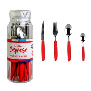 Jogo de Talheres Caprese Inox Cabo Plástico Vermelho Com Jarra de Vidro 25 Peças A42537 - Fratelli