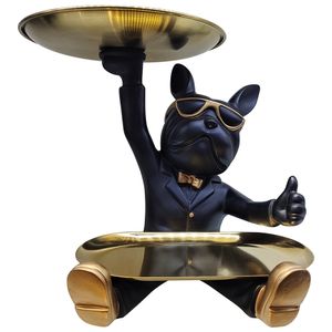 Estatueta Cachorro de Óculos Sentado Com Bandejas Resina Aço Inox Preto E Dourado 23x18x20,5cm LM2856 - honeyhome