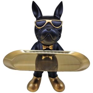 Estatueta Cachorro de Óculos Vertical Com Bandeja Resina Aço Inox Preto E Dourado 19x17,5x28cm LM2855 - honeyhome