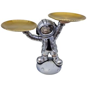 Estatueta Astronauta Com Bandejas Resina Aço Inox Prata E Dourado 33x14x25,5cm LM2842 - honeyhome