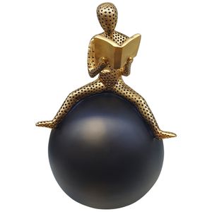 Estatueta Homem Lendo no Globo Resina Preto e Dourado 13x13x22cm LM2849 - honeyhome