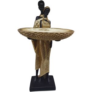 Estatueta Casal Africano Com Bandeja Resina Dourada 36x19,5x12cm LM2869 - honeyhome
