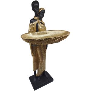 Estatueta Casal Africano Com Bandeja Resina Dourada 36x19,5x12cm LM2869 - honeyhome