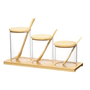 Conjunto 3 Porta Condimentos Vidro Borossilicato Suporte, Tampa E Colher Em Bambu PCON037 - Hauskraft