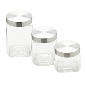 Conjunto 3 Porta Mantimentos Quadrados (790ml/ 1,2L/ 1,6L) Vidro Tampa Inox 26322 - Wolff