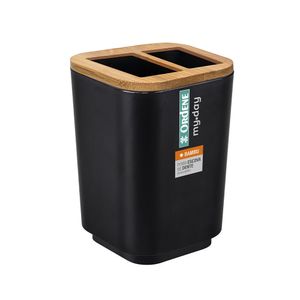 Porta Escova de Dentes My Day Plastico Preto Detalhe Bambu OR94020 - Ordene