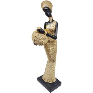 Estatueta Mulher Africana Com Pote Resina Dourada 33x9x9,3cm LM2868 - honeyhome