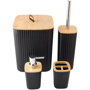 Kit 4 Acessórios Para Banheiro Plástico Preto Detalhe Em Bambu 25x25x50cm LM2649/ LM2649BEL - honeyhome