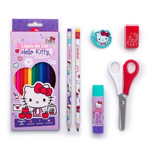 Kit Escolar Lápis de Cor 12 Cores + 6 Peças Hello Kitty Blister 1 Unidade 71616 - Leo&Leo
