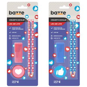 Kit Escolar Like Love (2 Lápis/ 1 Apontador/ 1 Borracha) Sortido Cartela com 4 Peças 904355 - Bazze