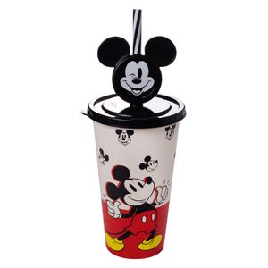 Copo Com Canudo E Pin Mickey Mouse Plástico Branco 500ml 17440 - Plasútil