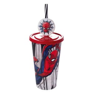 Copo Com Canudo E Pin Homem-aranha Plástico Vermelho 500ml 17443 - Plasútil