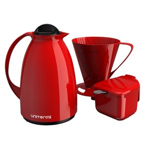 Kit Café Prático Vermelho 3 Peças (Garrafa Térmica 650ml, Açucareiro e Suporte para Filtro) 81121 - Unitermi