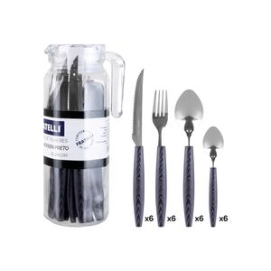 Jogo de Talheres Caprese Wooden Inox Cabo Plástico Preto com Jarra de Vidro 25 Peças 308207 - Fratelli