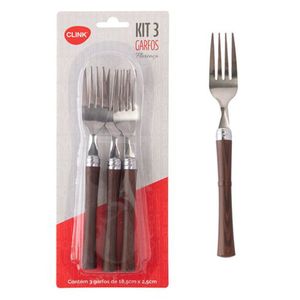 Kit 3 Garfos de Mesa Florença Inox Cabo Plástico Marrom 17,9x2,2cm CK5806 - Clink