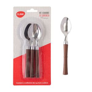 Kit 3 Colheres de Sobremesa Florença Inox Cabo Plástico Marrom 14,7x2,8cm CK5808 - Clink