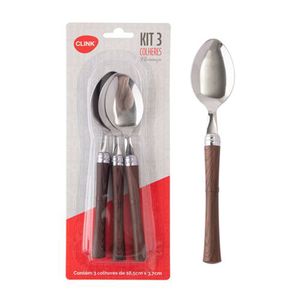 Kit 3 Colheres de Mesa Florença Inox Cabo Plástico Marrom 18x3,6cm CK5807 - Clink